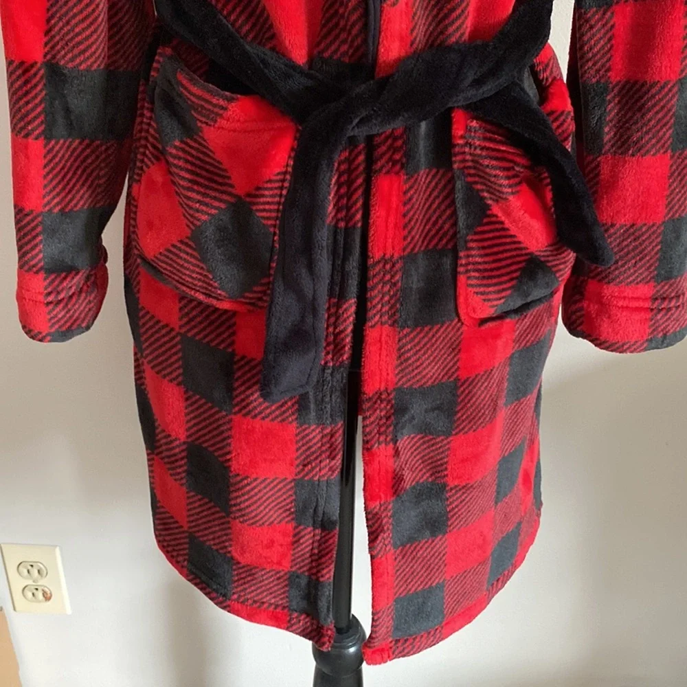 Cuddl Duds Kids red & black Buffalo Plaid hooded fleece robe size L 12/14 large